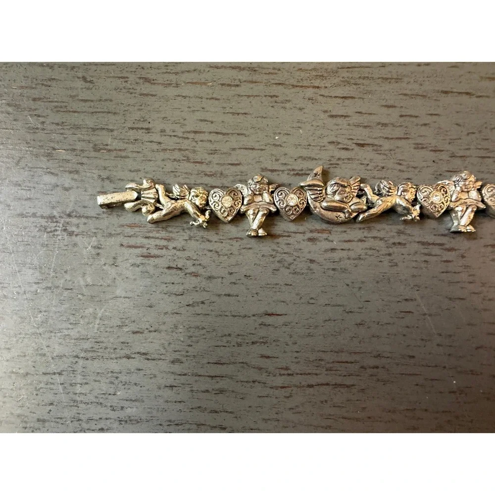 Vintage Silver Tone Cherub Angel Heart Rhinestone Link Bracelet Celestial 7.25in